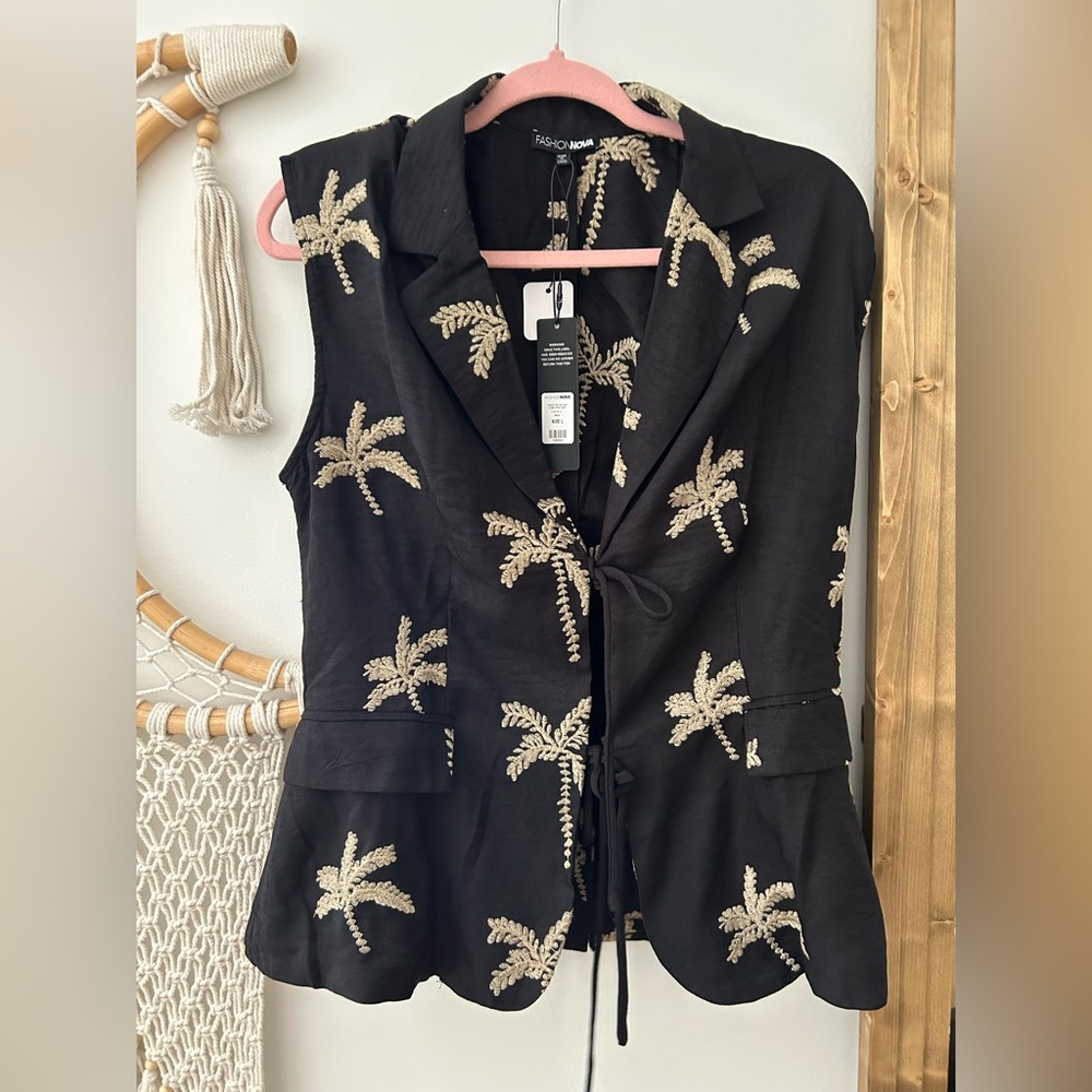 Fashion Nova Black Vest with Palm Tree Embroidery